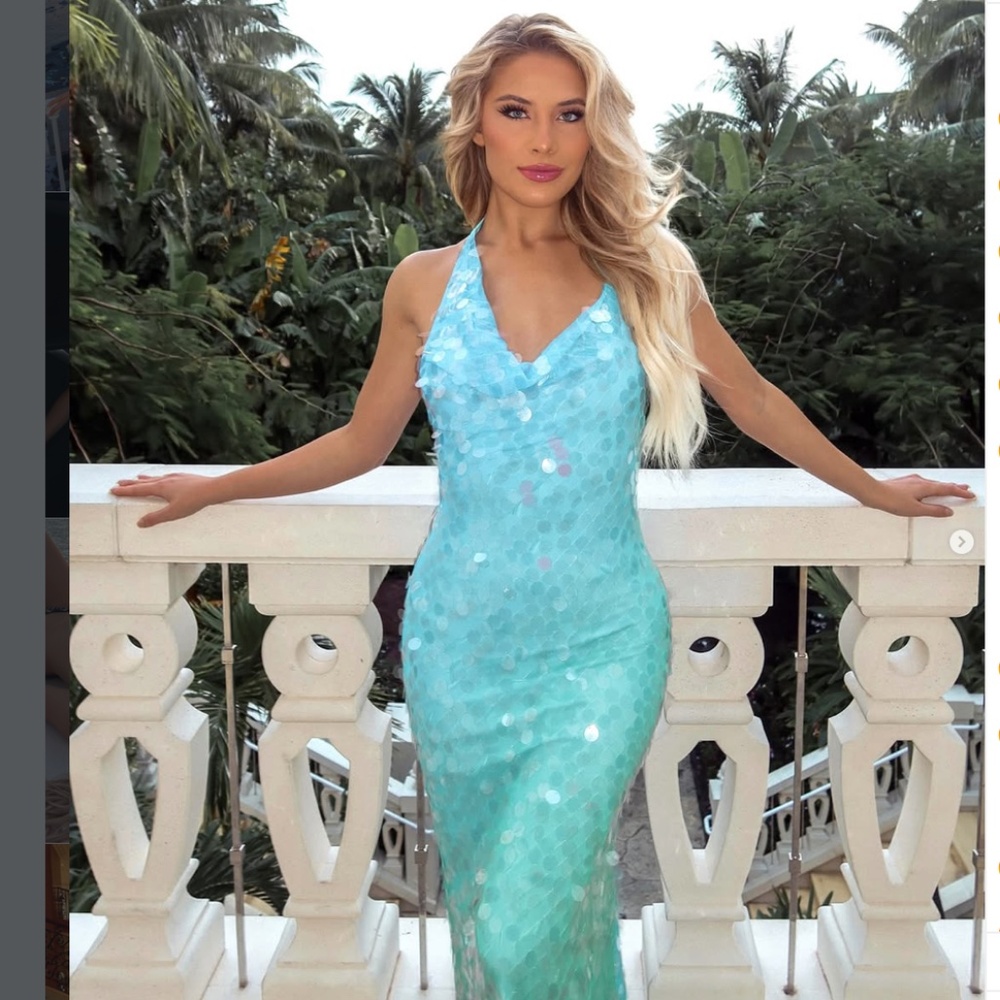 Kirralee Asymmetric Halterneck Sequin Maxi Dress- Blue Multi